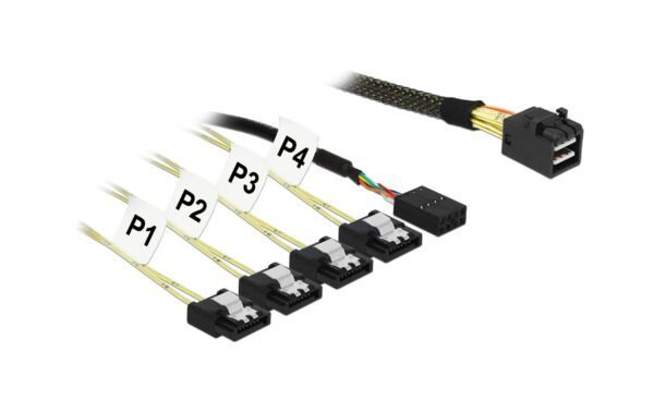 850078 - Mediatech Delock HD-Mini SAS Kabel SFF-8643 zu 4x SATA 7 Pin + Sideband, 1m kaufen Schweiz | Mediatech.ch