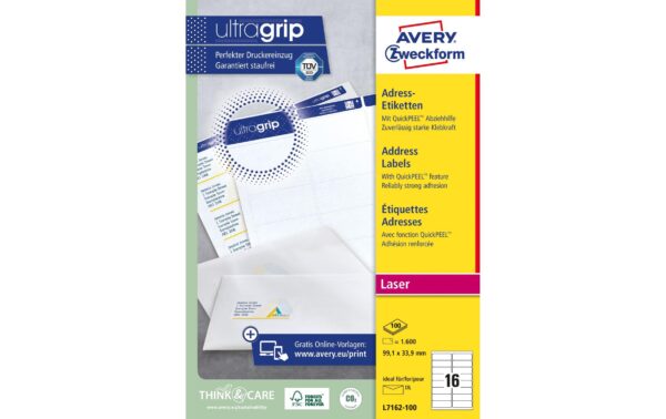 Avery Zweckform Adress-Etiketten Quickpeel 99.1x33.9mm,100 Bogen/1600 Etiketten