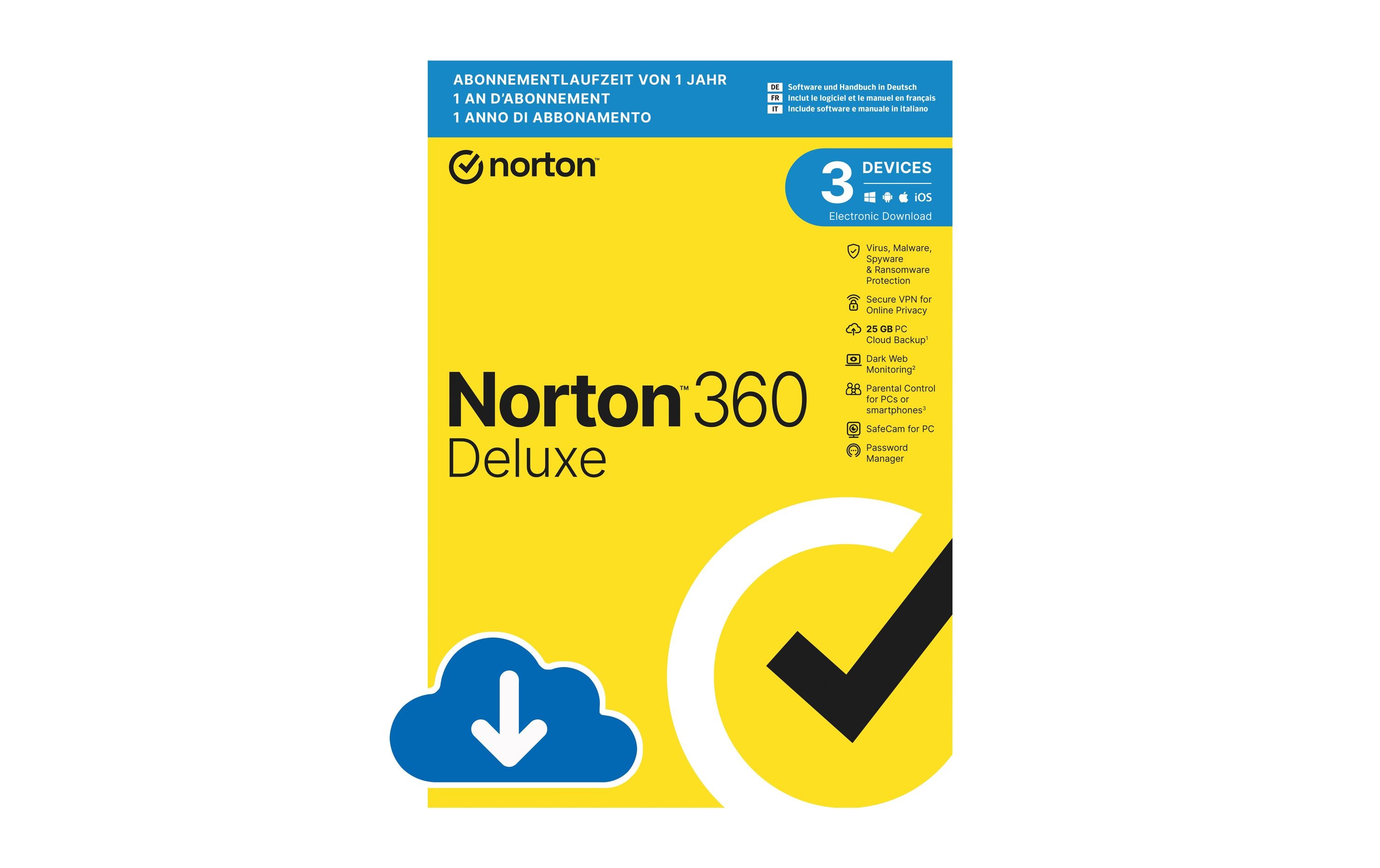 1046713 - Mediatech Norton 360 Deluxe Non-Subscription ESD, Vollversion, 3 PC, 1J, 25GB kaufen Schweiz | Mediatech.ch