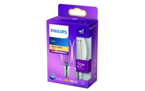 Philips LED Lampe 2W (25W) E14, B35, 250lm, 2700K, klar, 2er