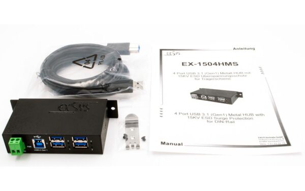 1102941_3 - Mediatech EXSYS EX-1504HMS, Managed 4x USB 3.0 HUB Metall, mit 15KV EDS, Din-Rail