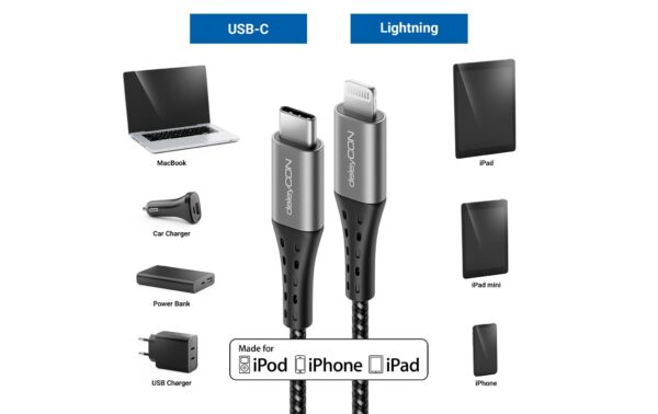 1114923_4 - Mediatech DeleyCON Lightning-USB-C Kabel 1m, SW-GR Apple MFI zertifiziert und lizenziert