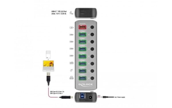 Delock externer USB 3.0 Hub 7-Ports, PD 3.0 mit 7 Schalter, USB-C, PD