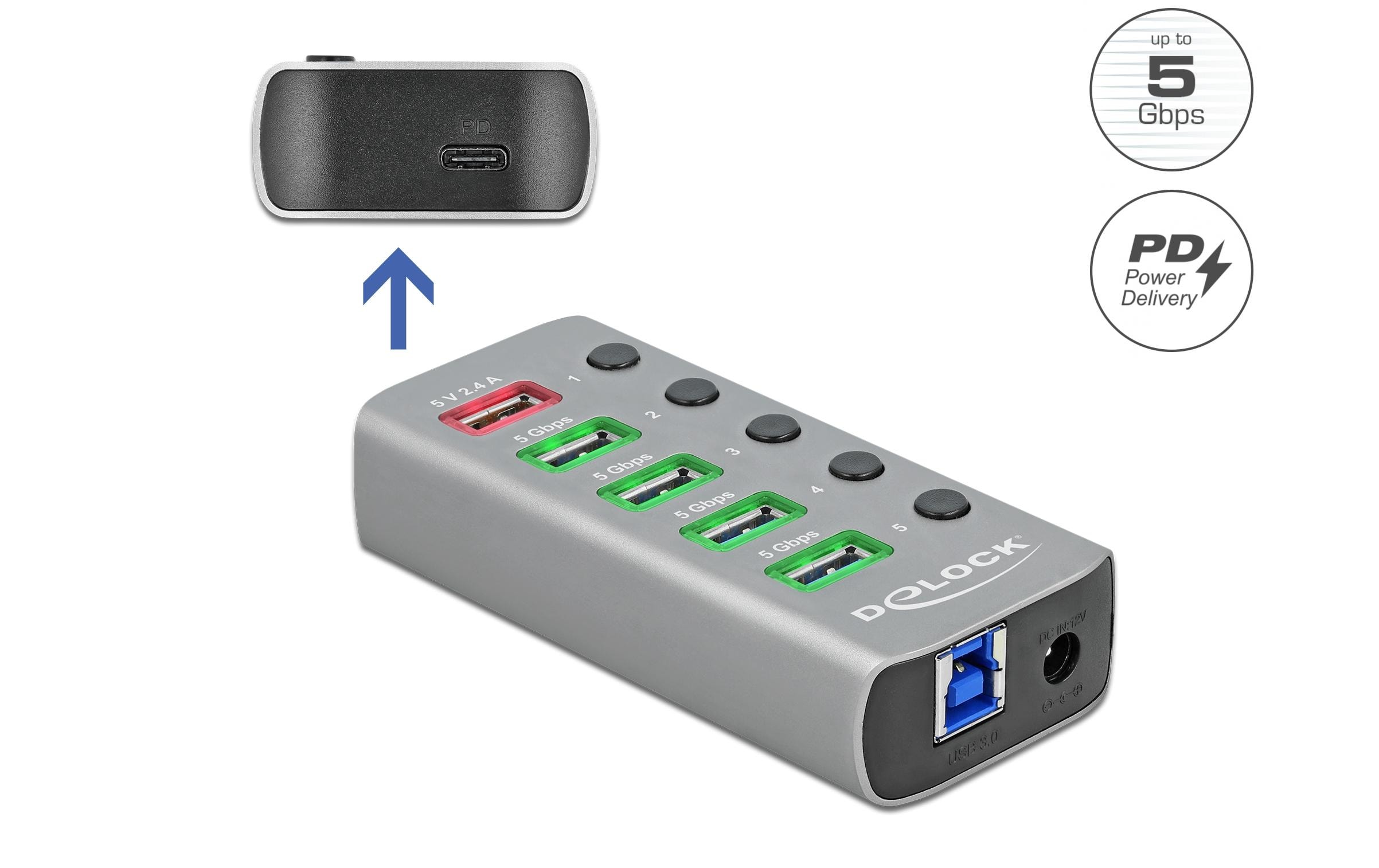 1201232_1 - Mediatech Delock externer USB 3.0 Hub 4-Ports, PD mit Schalter, Beleuchtung, PD, USB-C