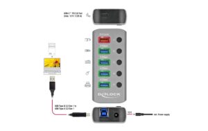 1201232_5 - Mediatech Delock externer USB 3.0 Hub 4-Ports, PD mit Schalter, Beleuchtung, PD, USB-C