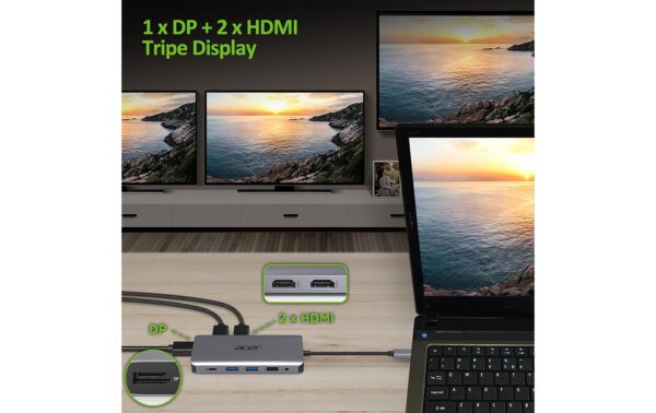 Acer Dockingstation USB-C,12-in-1, silver USB, HDMI, DP, SD+TF-Slots, Audio, RJ45