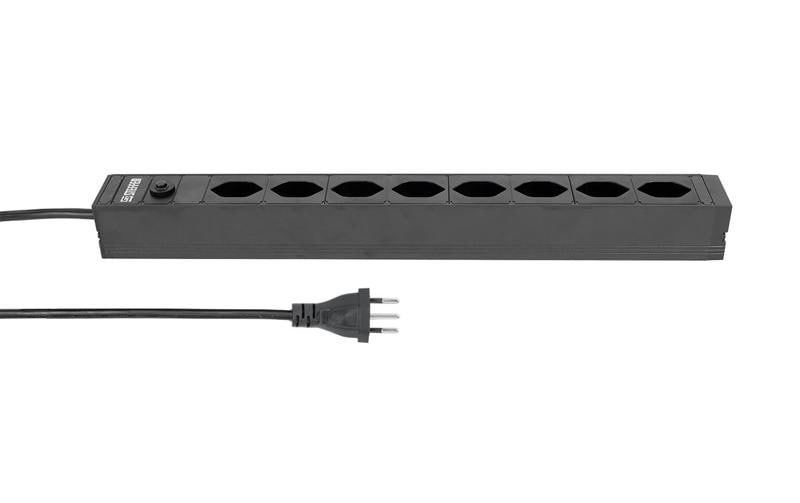 1351535 - Mediatech STEFFEN Steckdosenleiste ALUMODULAR, 8xT13, schwarz 3m Kabel, Überlastschutz, Rack Halter 19 kaufen | Mediatech.ch