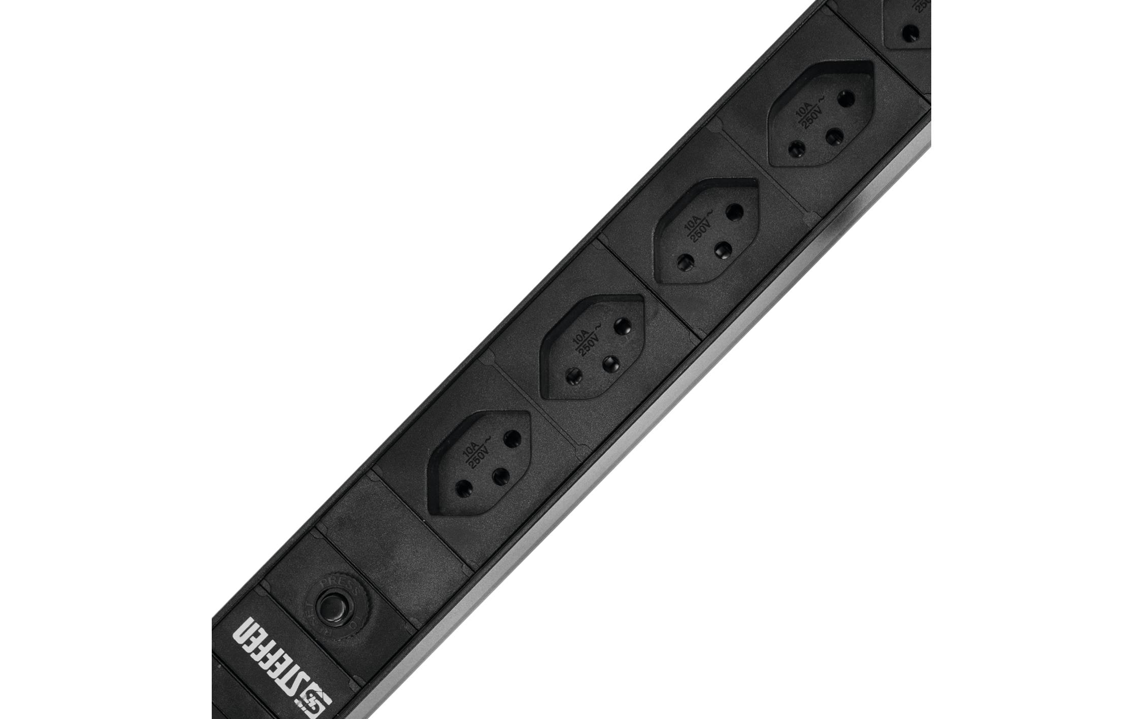 1351535_1 - Mediatech Steckdosenleiste ALUMODULAR, 8xT13, schwarz 3m Kabel, Überlastschutz, Rack Halter 19