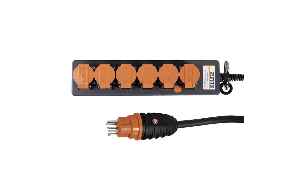 1419918_1 - Mediatech Steffen Steckdosenleiste Professional 6xT15 schwarz-orange, IP55, 5x1.5mm, 5m Kabel