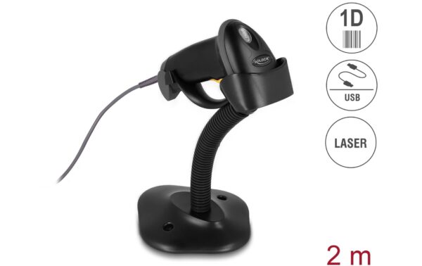 Delock 90584 1D Barcode Scanner schwarz, mit Anschlusskabel und Halterung