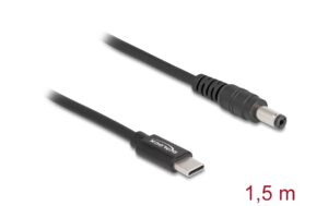 Delock Ladekabel USB-C-5.5x2.1mm Stecker Stecker, 1.5m, schwarz, 20 V