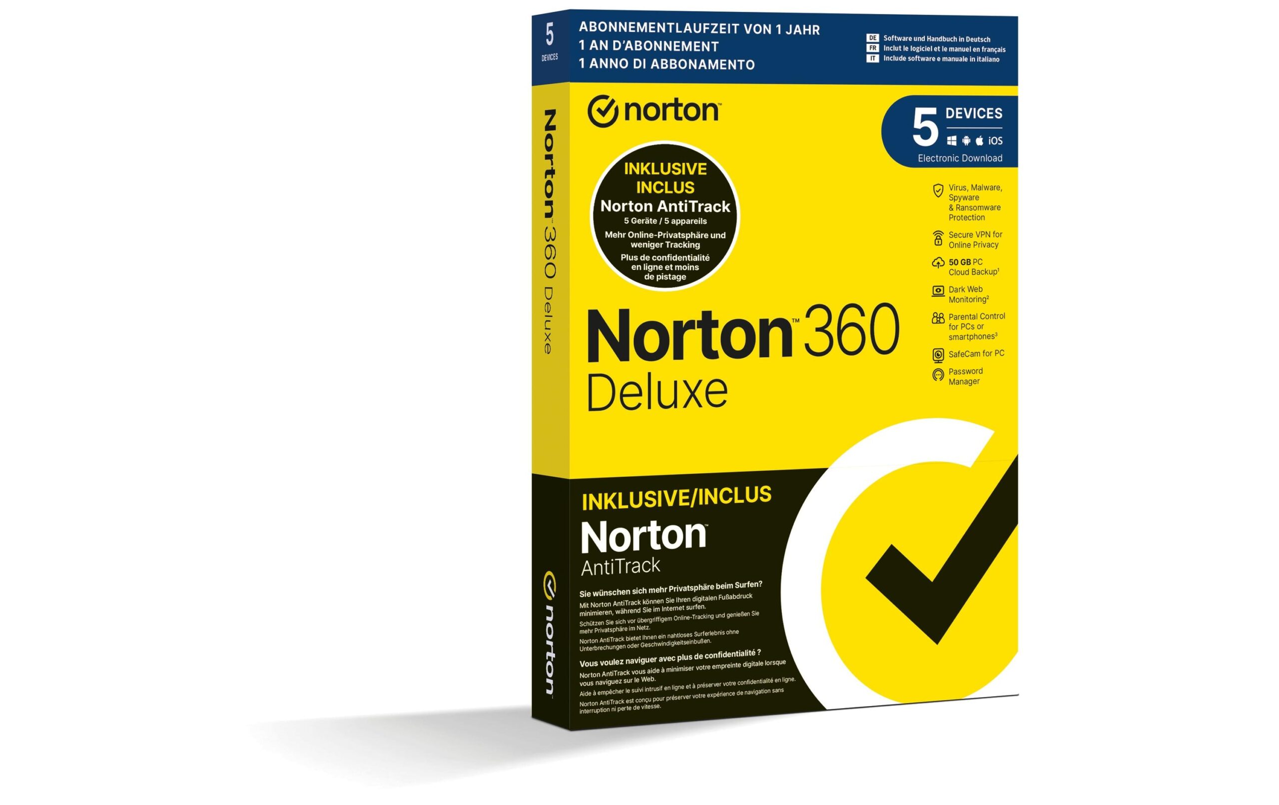 1454064 - Mediatech Norton 360 Deluxe w/AntiTrack Box, 5 PC, 1J, 50GB kaufen Schweiz | Mediatech.ch