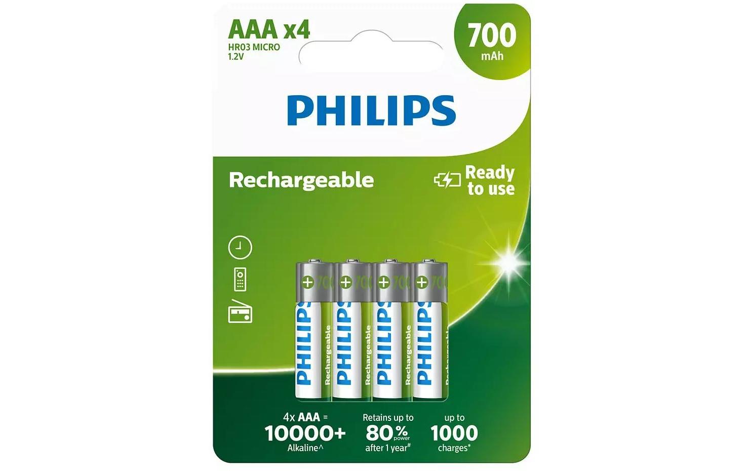 1476061 - Mediatech Philips Akku Rechargeable AAA 700 mAh, AAA Nickel-Metall-Hydrid, 4 Stück kaufen Schweiz | Mediatech.ch