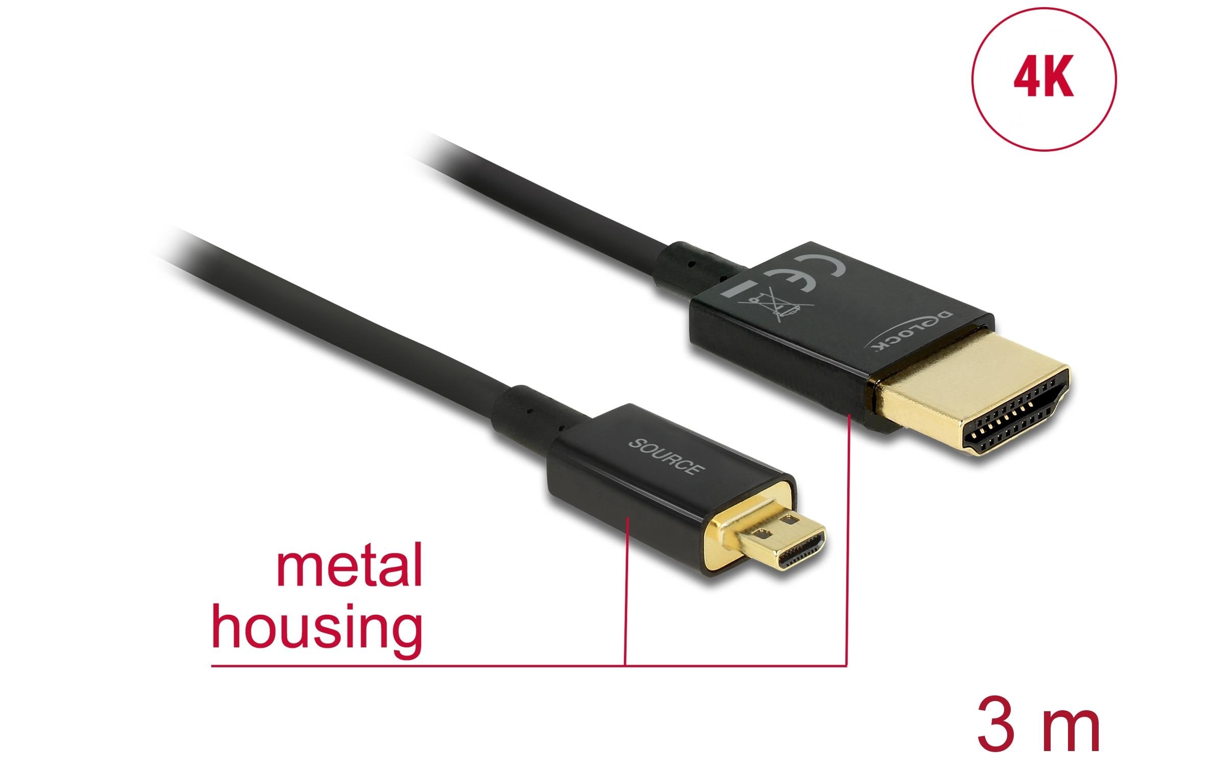 1486014_1 - Mediatech Delock HDMI-A Stecker - HDM Micro-D Stecker 4K, 3m, schwarz, High Quality Slim