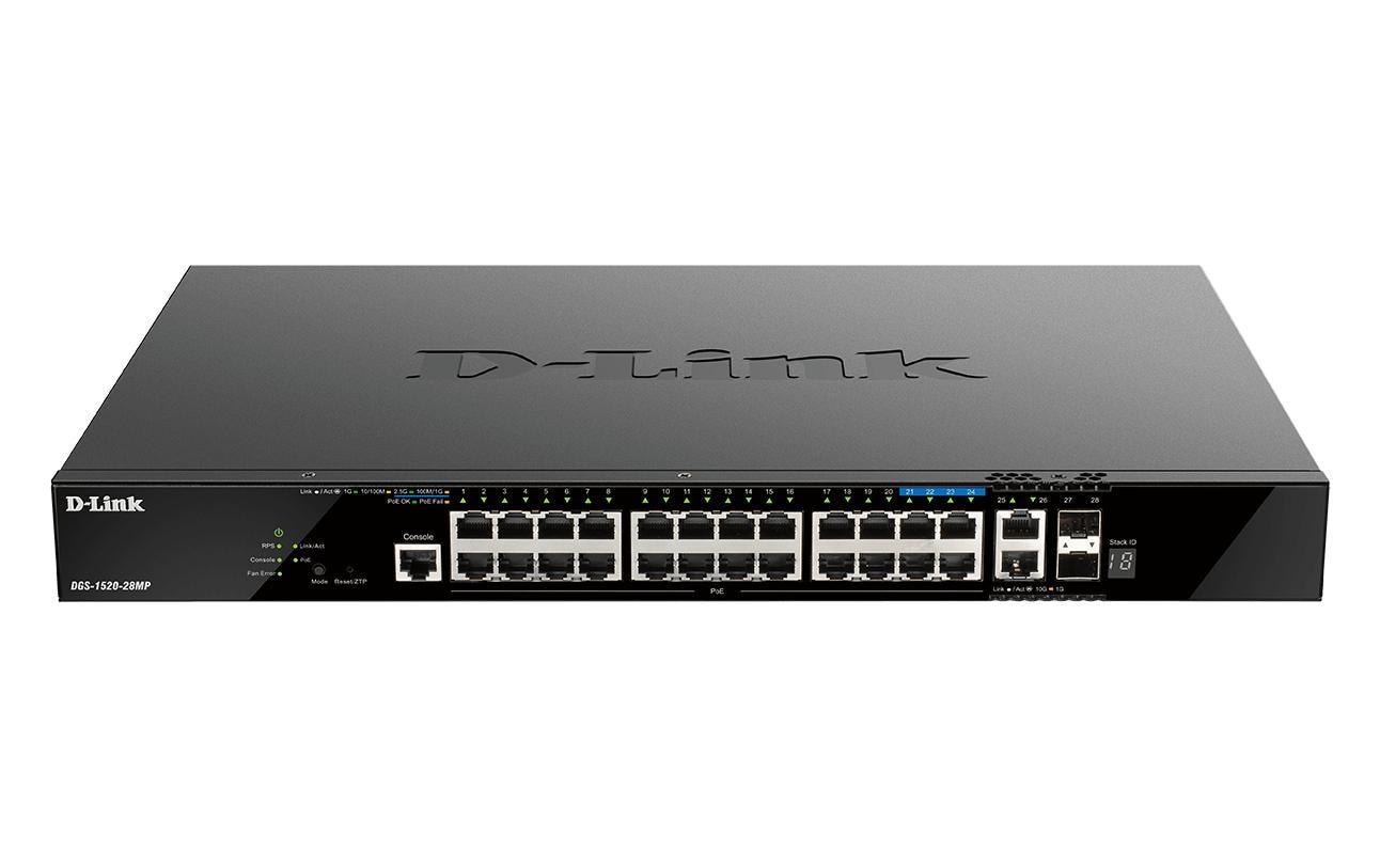 1540139 - Mediatech D-Link DGS-1520-28MP/E: 28 Port PoE+ Switch 20xGigabit, 4x2.5Gigabit, 2x10GE, 2xSFP+,L3