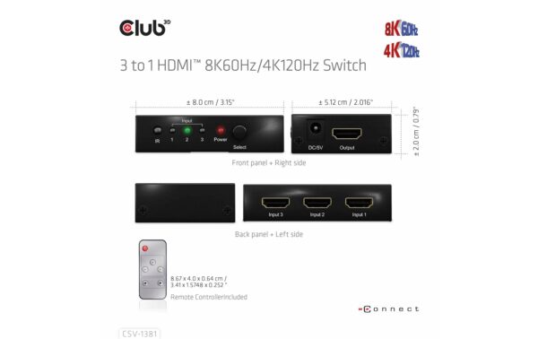 1565925_6 - Mediatech Club 3D 3 Port HDMI Umschalter Videoauflösungen bis zu 8K60Hz oder 4K120Hz