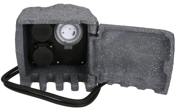 1566257_5 - Mediatech Max Hauri Gartensteckdose 2x Typ 13 IP55, Zeitschaltuhr, Steinoptik grau
