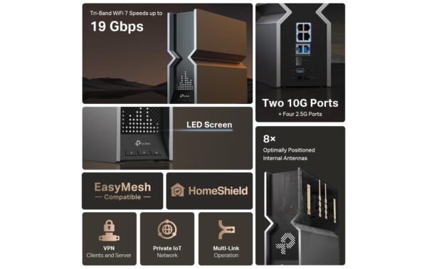 TP-Link Archer BE800 WiFi-7  Router 1376+5760+11520Mbps, 2x10GE, 1xSFP+