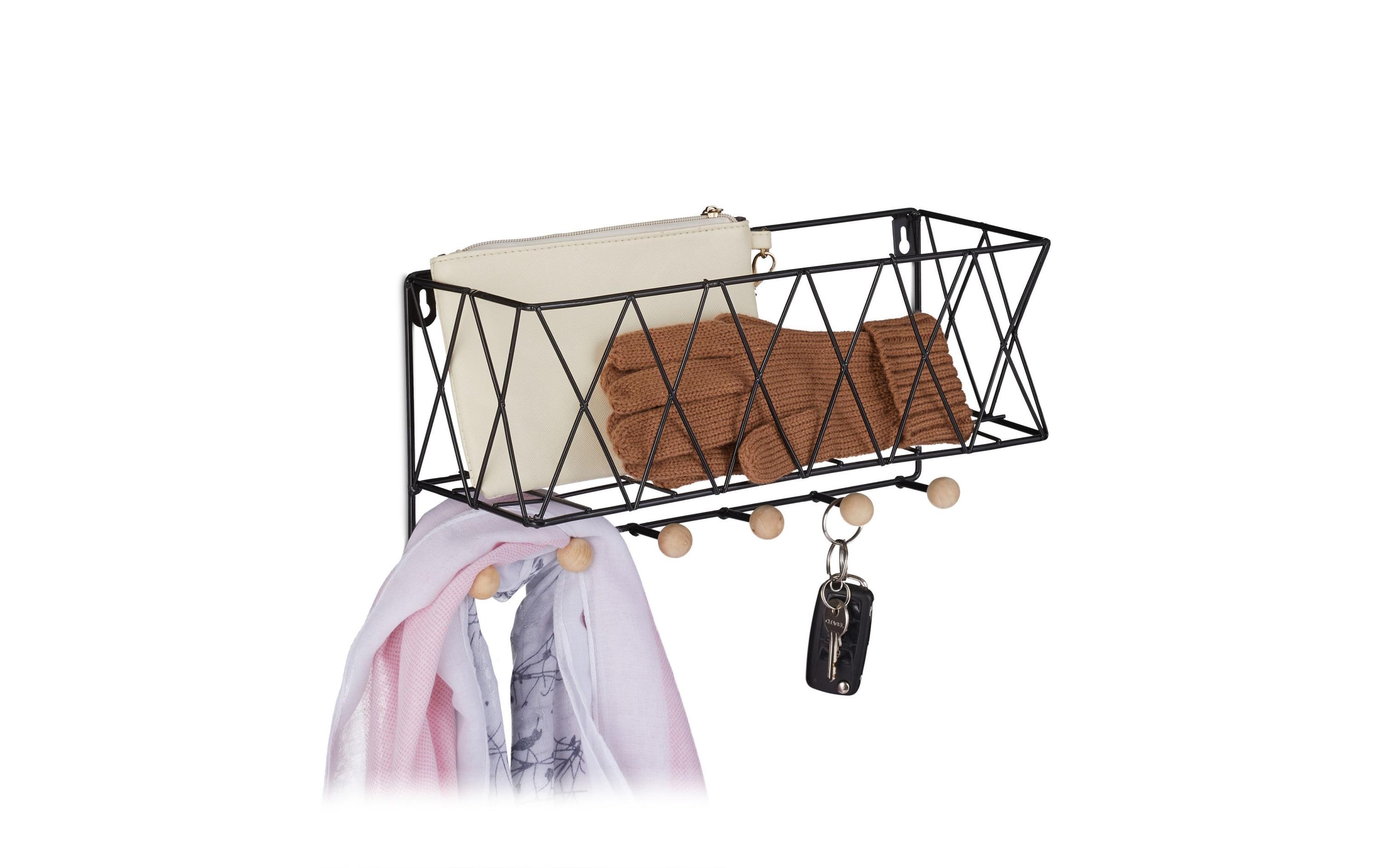 1594792_1 - Mediatech relaxdays Wandregal mit Korb Eisen, 17 x 36 x 13 cm (HxBxT), Schwarz