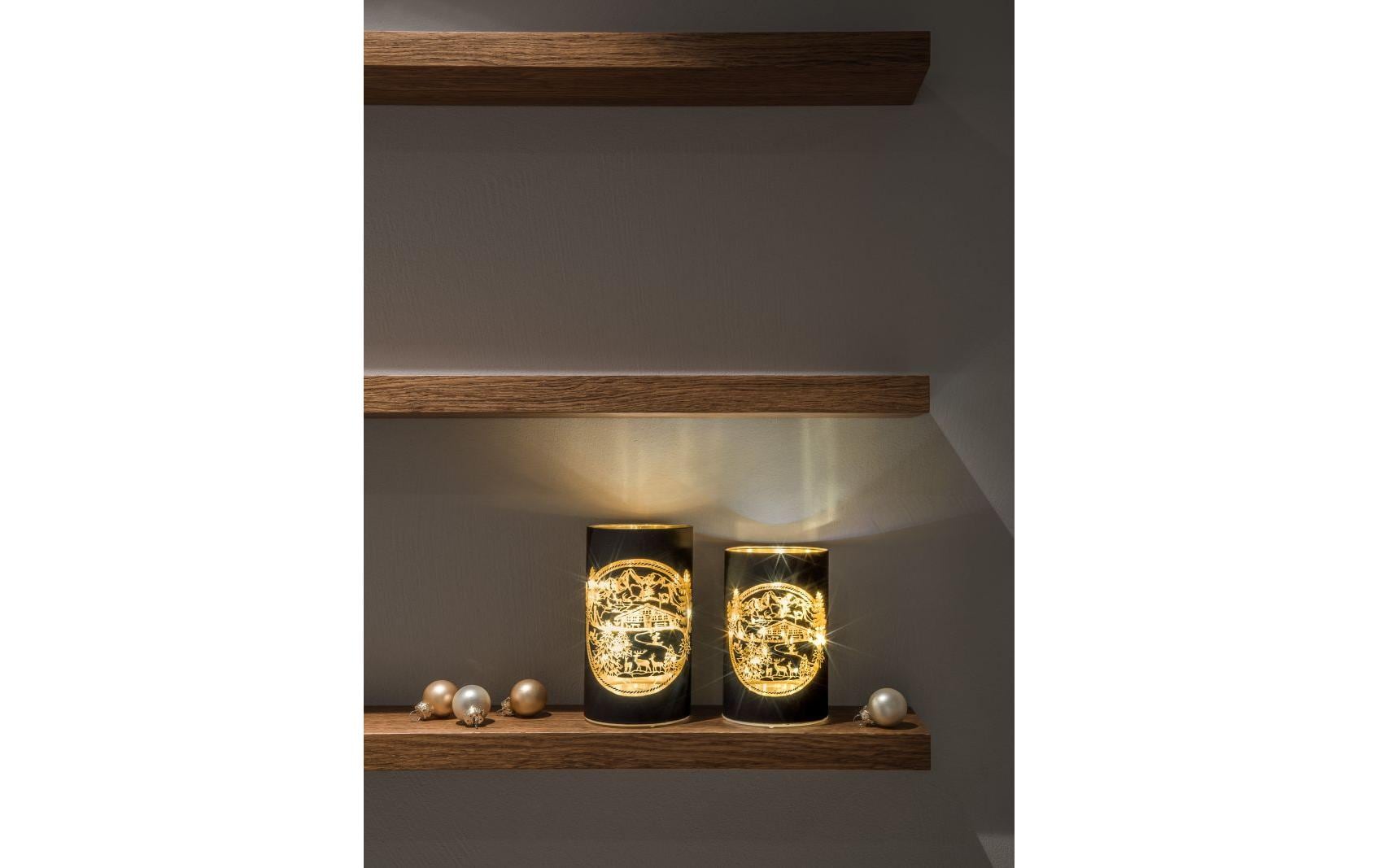 1603108_1 - Mediatech STT Windlicht Swiss Alps schwarz S 10LED, ww, D9 x H14cm, Timer 6/18