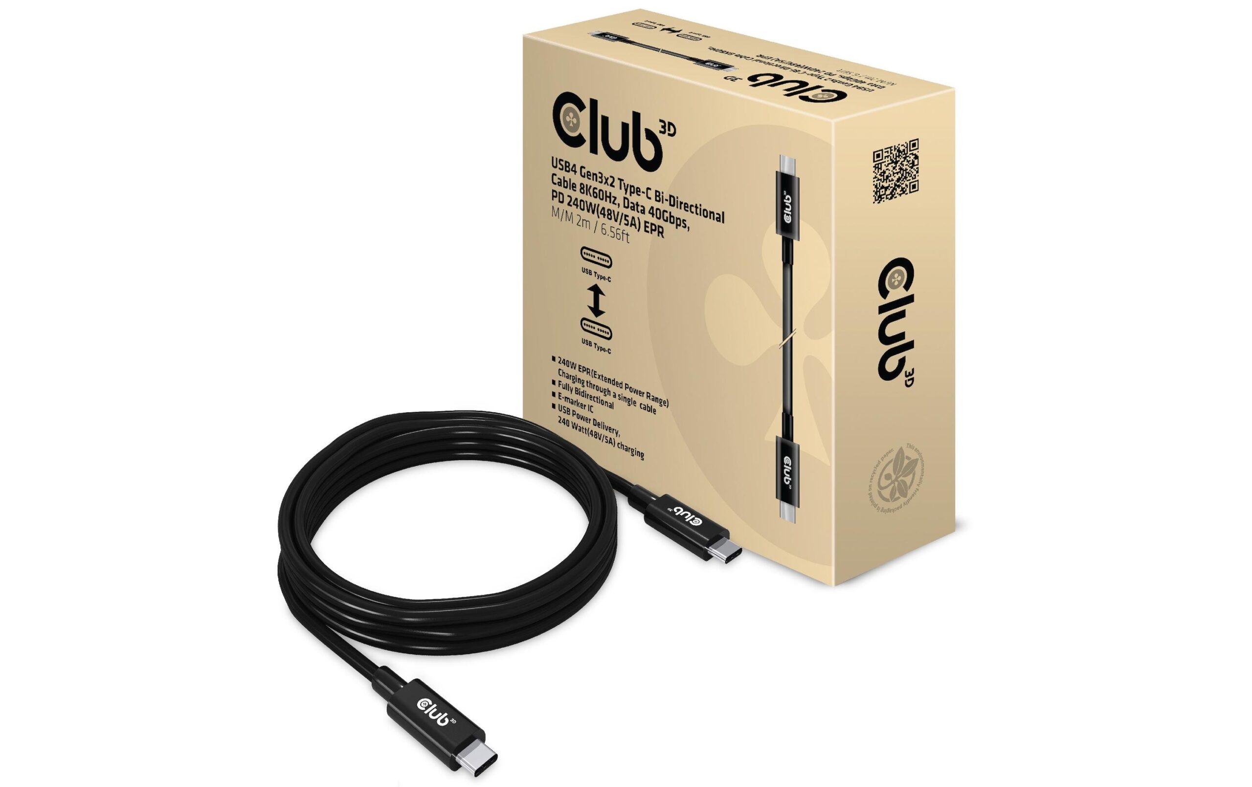 1610913 - Mediatech Club 3D, USB4 Gen3x2 Typ-C 8K60Hz Kabel, 2.0 Meter, 40Gbps, PD 240W