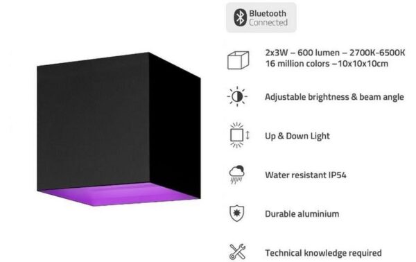 Hombli Outdoor Smart Wall Light - black 2x3W, 600lm, 10x10x10cm, RGB+CCT