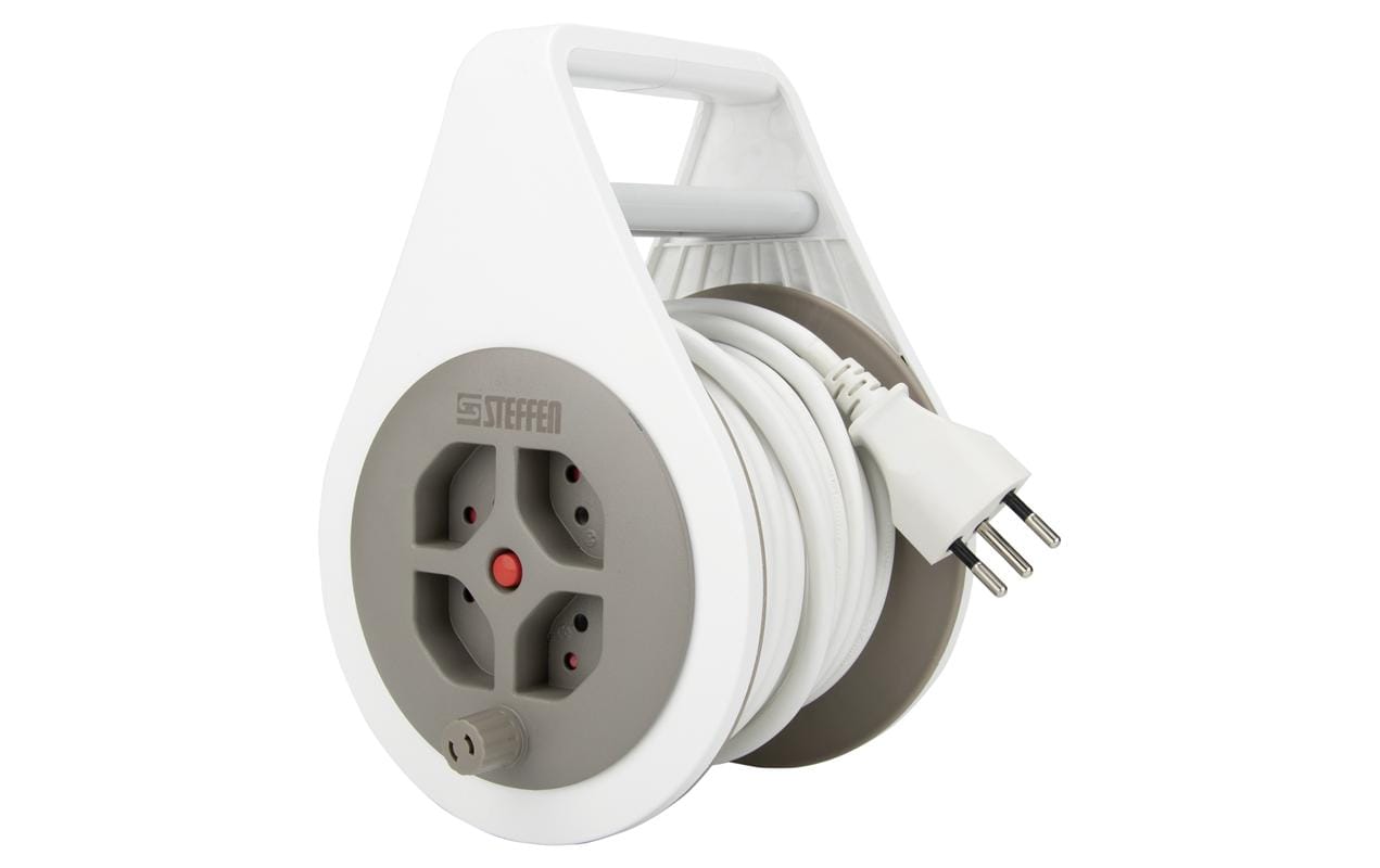 1616989 - Mediatech Steffen Kunststoff Kabelrolle mit Griff 4xT13, weiss/grau, 7m Kabel kaufen Schweiz | Mediatech.ch