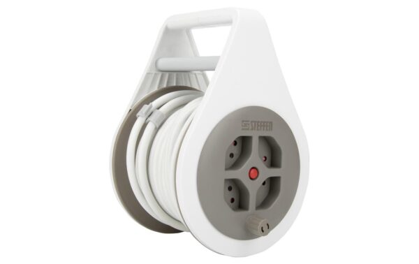 1616989_2 - Mediatech Steffen Kunststoff Kabelrolle mit Griff 4xT13, weiss/grau, 7m Kabel