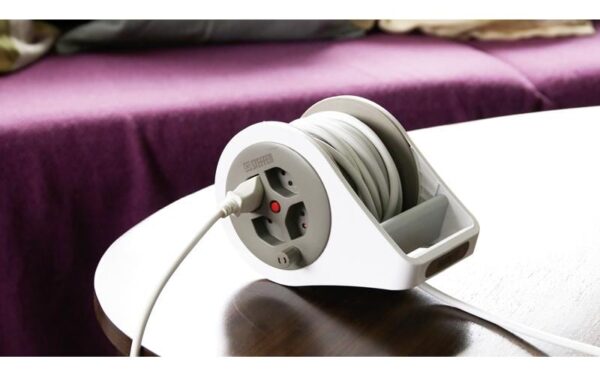 1616989_4 - Mediatech Steffen Kunststoff Kabelrolle mit Griff 4xT13, weiss/grau, 7m Kabel