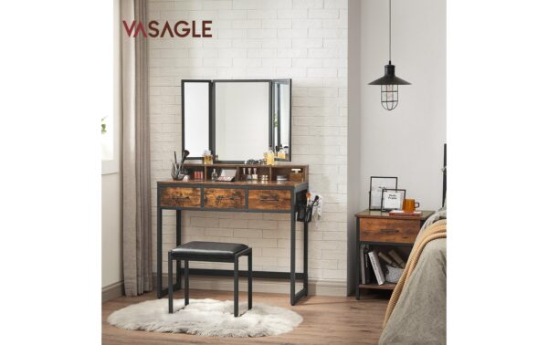 1626101_2 - Mediatech Vasagle Make-up-Tisch mit 3teiligem Spiegel und 1 Hocker, Stahl, Glas, Kunstleder