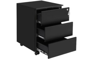 Songmics Rollcontainer matt schwarz,Schloss 45x39x55cm, mit 3 Schubladen