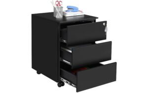Songmics Rollcontainer matt schwarz,Schloss 45x39x55cm, mit 3 Schubladen
