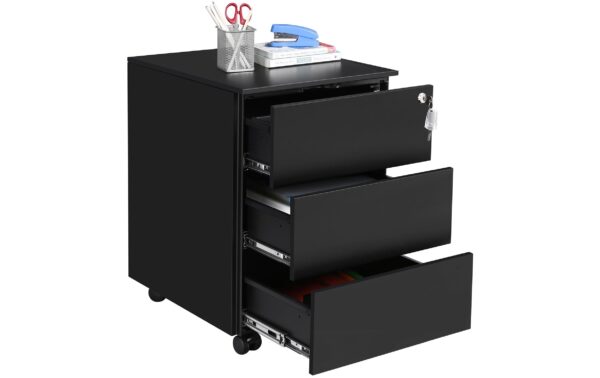 Songmics Rollcontainer matt schwarz,Schloss 45x39x55cm, mit 3 Schubladen