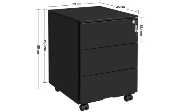 Songmics Rollcontainer matt schwarz,Schloss 45x39x55cm, mit 3 Schubladen