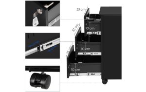 Songmics Rollcontainer matt schwarz,Schloss 45x39x55cm, mit 3 Schubladen