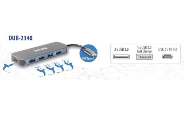 D-Link Hub DUB-2340 USB-C Hub 3x USB 3.0 mit USB-C Ladeanschluss