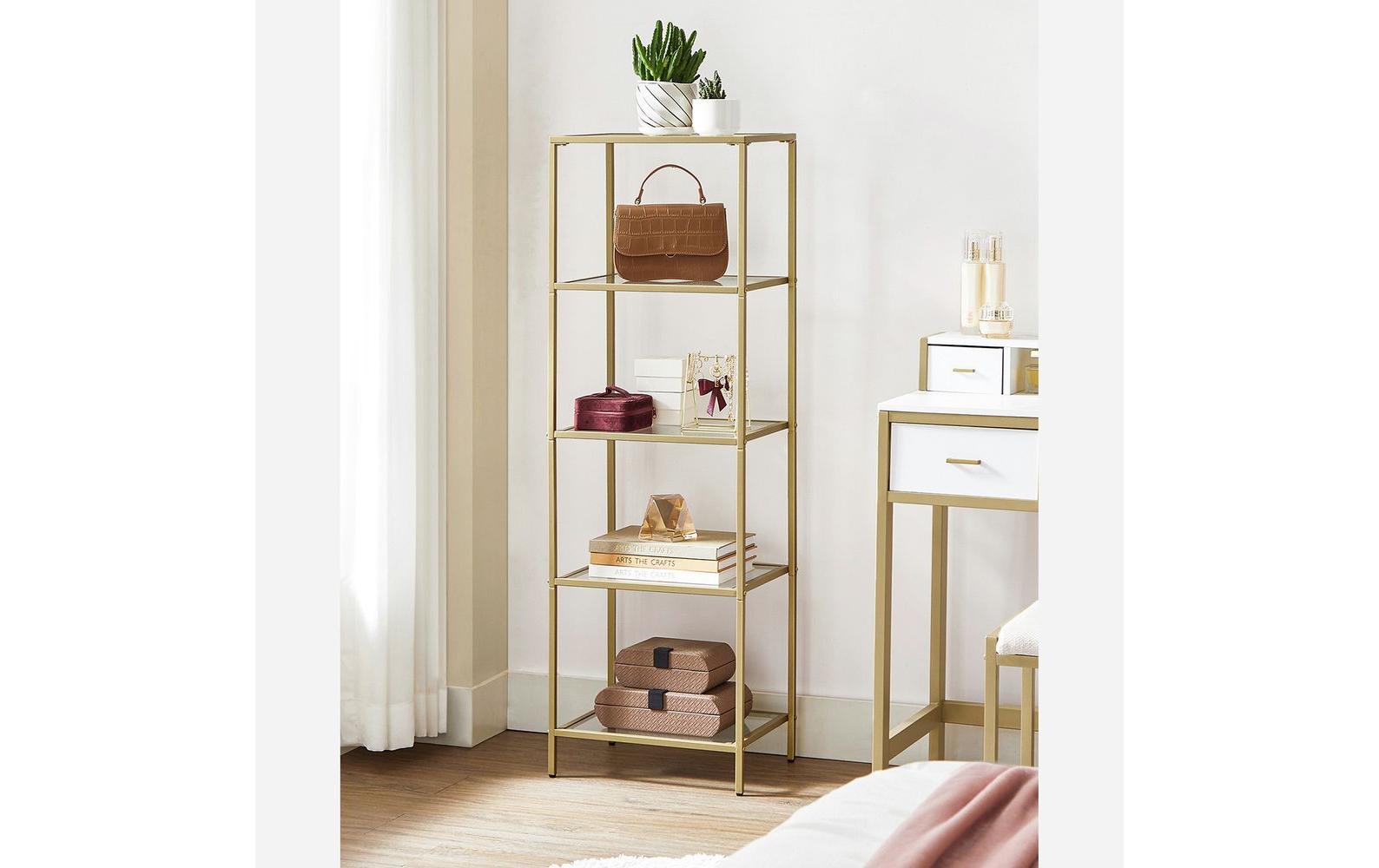 1668522_1 - Mediatech Vasagle Regal Gold mit 5 Glasablagen Stahl, Glas, 40x30x124.5 cm (LxBxH)
