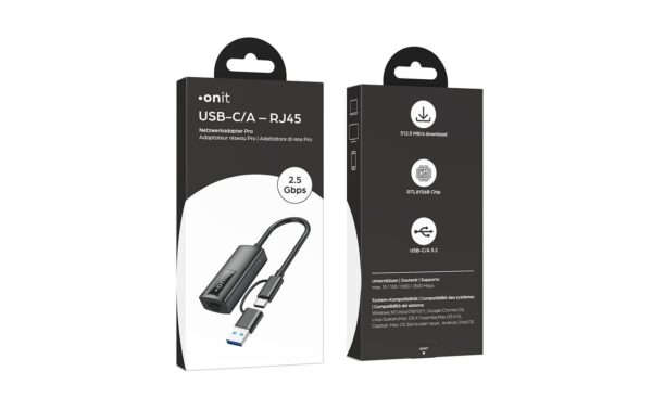 onit USB-C/A zu RJ-45 Netzwerkadapter Pro Aluminium Gehäuse, 2.5Gbps, schwarz