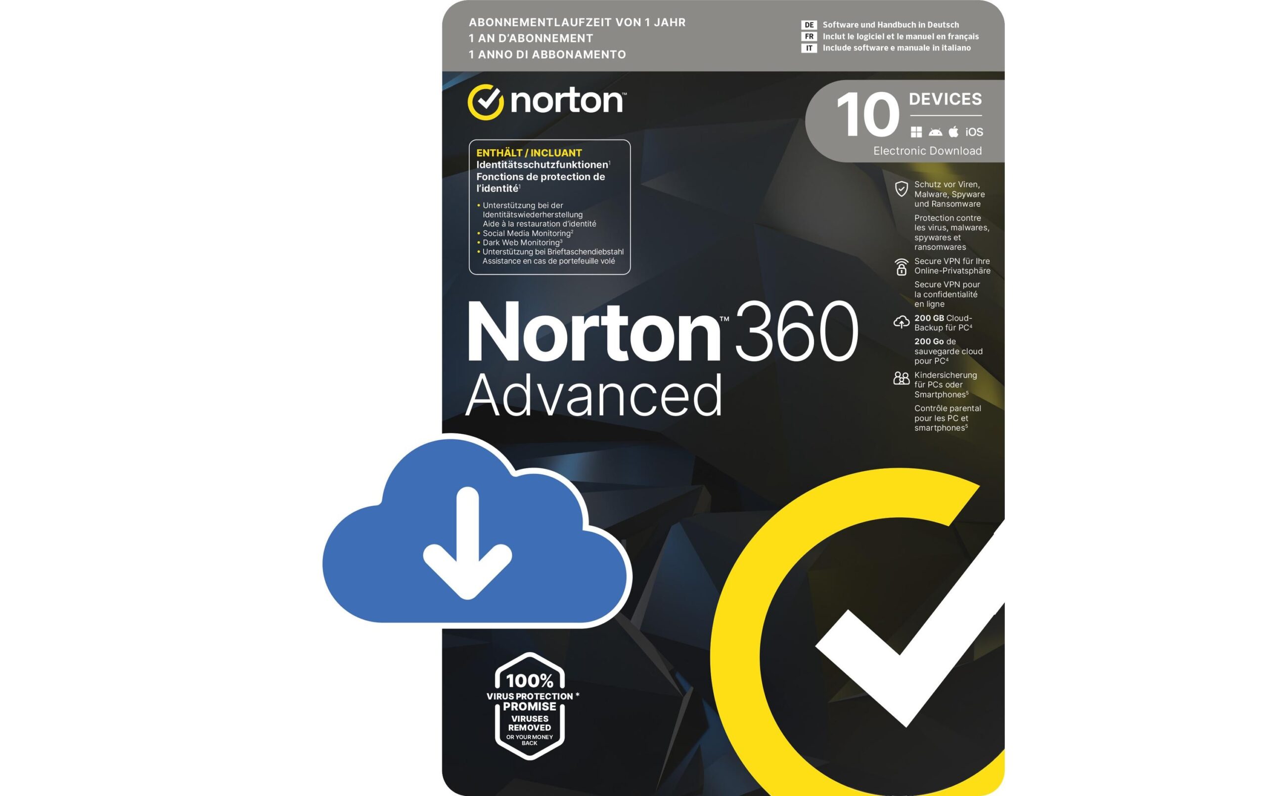 1803759 - Mediatech Norton 360 Advanced ESD, Vollversion, 10 PC, 1J, 200GB kaufen Schweiz | Mediatech.ch