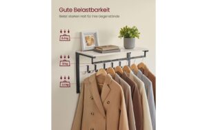 Vasagle Garderobe Ablage und 10 Haken 30x65x42 cm (TxBxH), Stahl, Holzspanplatte