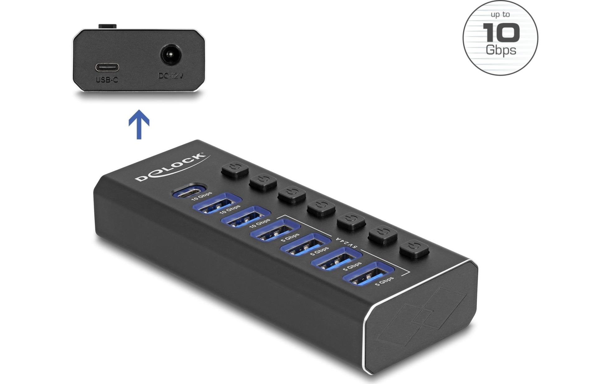 1912001_1 - Mediatech Delock USB-C Hub, 7 Port, schaltbar 1xUSB-C, 6xUSB-A, Beleuchtung