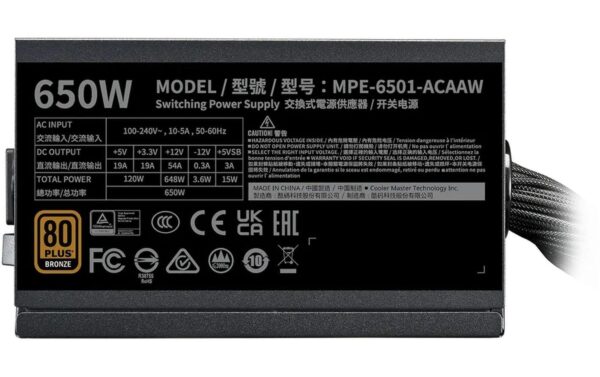 Netzteil Cooler Master, MWE V3 ATX3.1 650W 1x12cm Lüfter, 6xSATA