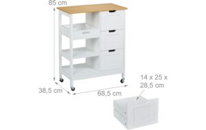 relaxdays Servierwagen mit Arbeitsplatte MDF, Walnuss, 85x68,5x38,5cm, Weiss