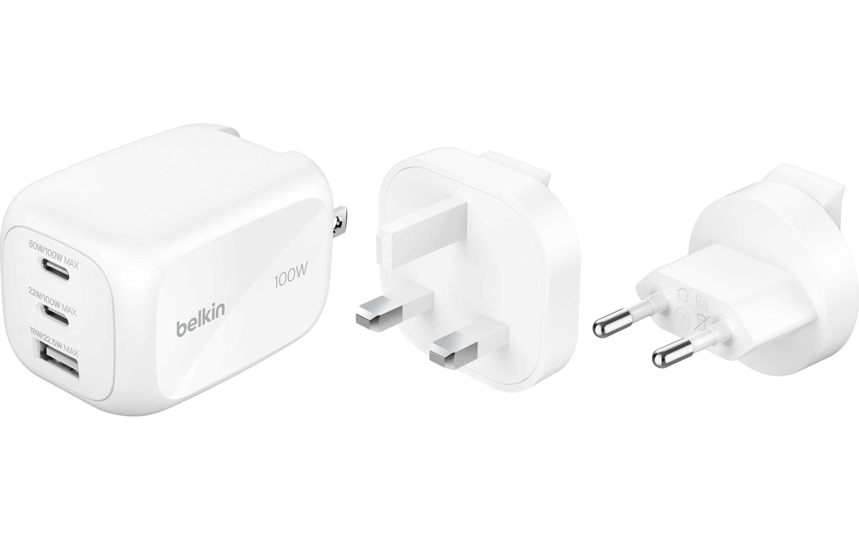 1958740 - Mediatech Belkin BoostCharge Ladegerät mit Steckertip 2x USB-C, 1x USB-A, steckertipps UK, EU, US