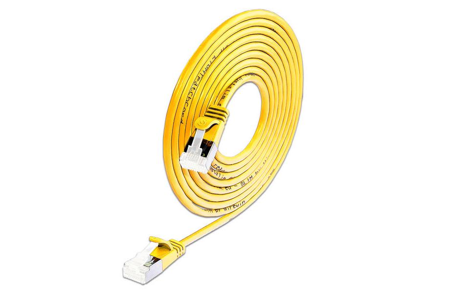 1990938 - Mediatech Slim Wirewin Patchkabel: U/FTP, 15cm, gelb Cat.6A, LSOH, Klinke nicht brechbar, 3.8mm