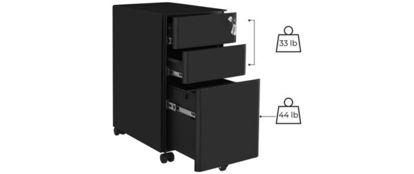 Songmics Rollcontainer schwarz, Schloss 30x46x59cm, mit 3 Schubladen