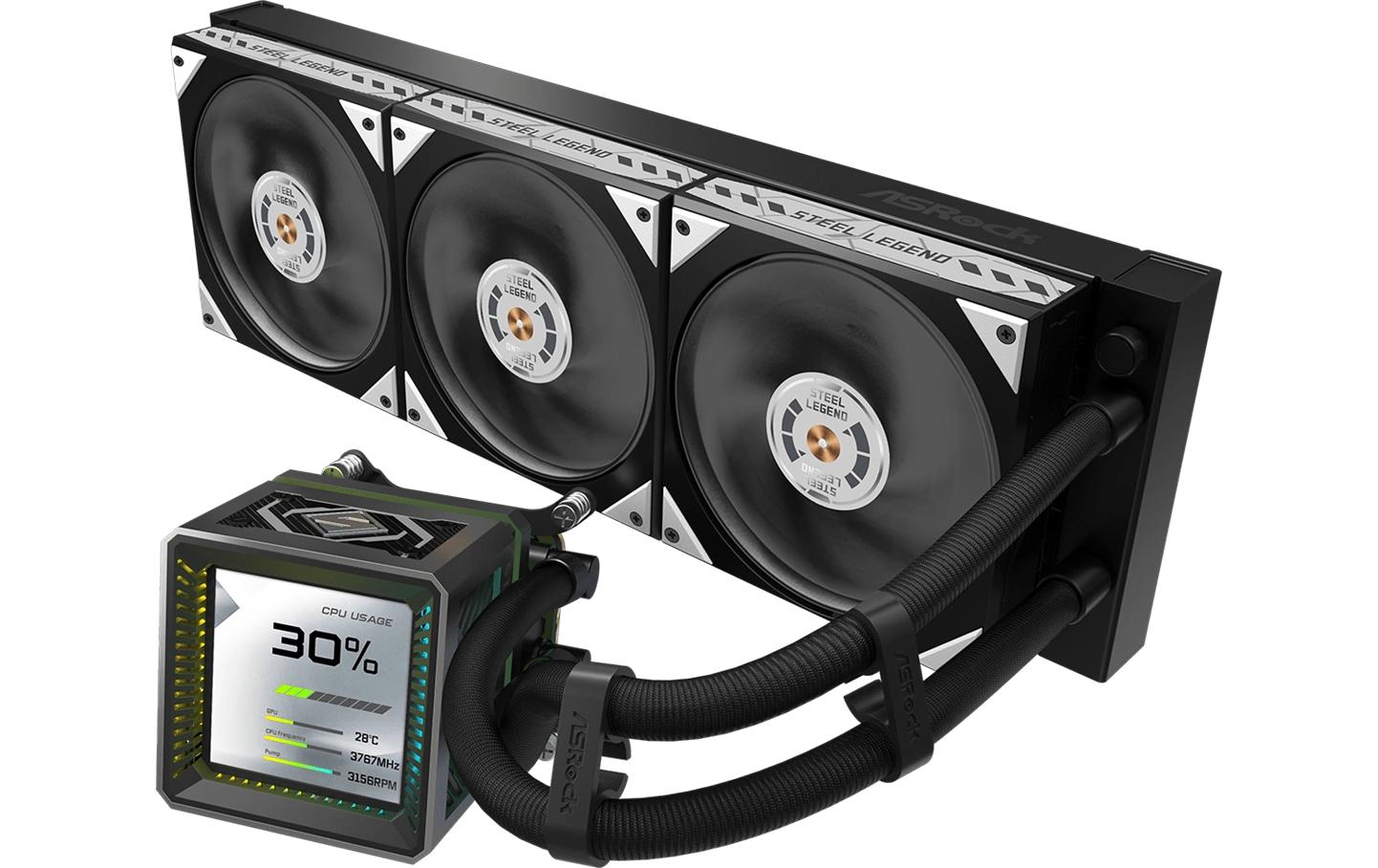 2044895 - Mediatech ASRock Steel Legend Dark 360 LCD Liquid CPU Cooler, 3.4 LCD, 3x120mm ARGB kaufen Schweiz | Mediatech.ch