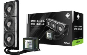 2044895_1 - Mediatech ASRock Steel Legend Dark 360 LCD Liquid CPU Cooler, 3.4 LCD, 3x120mm ARGB
