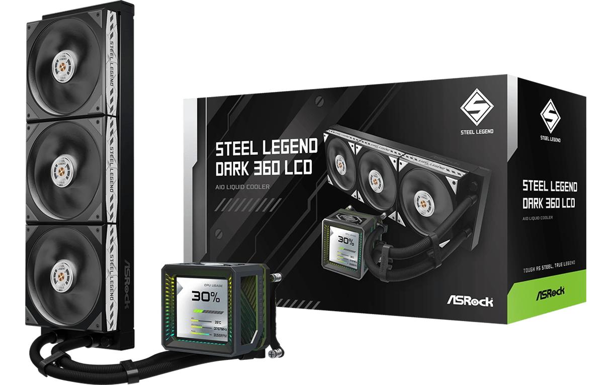 2044895_1 - Mediatech ASRock Steel Legend Dark 360 LCD Liquid CPU Cooler, 3.4 LCD, 3x120mm ARGB
