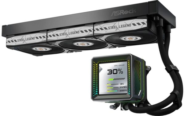 2044895_3 - Mediatech ASRock Steel Legend Dark 360 LCD Liquid CPU Cooler, 3.4 LCD, 3x120mm ARGB